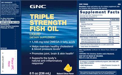 Photo of the GNC Triple Strength Fish Oil Liquid Natural Citrus Flavor label
