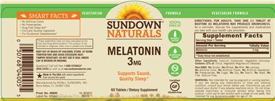 Product label for Melatonin 3 mg