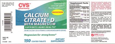 Photo of the CVS Pharmacy Calcium Citrate + D With Magnesium label