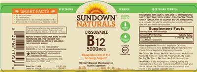 Photo of the Sundown Naturals Dissolvable B12 5000 mcg Cherry Flavored label