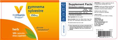 Photo of the The Vitamin Shoppe Gymnema Sylvestre 250 mg label