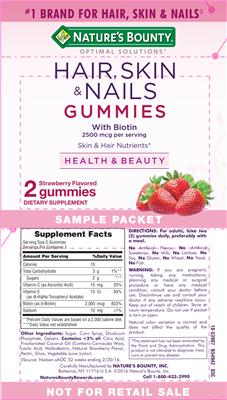 Photo of the Nature's Bounty Optimal Solutions Hair, Skin & Nails Gummies Strawberry Flavored label