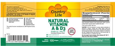 Photo of the Country Life Natural Vitamin A & D3 10,000 IU / 400 IU label
