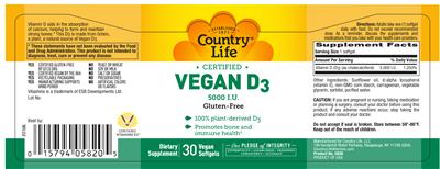 Photo of the Country Life Vegan D3 5000 IU label