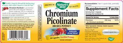 Photo of the Nature's Way Chromium Picolinate 200 mcg label