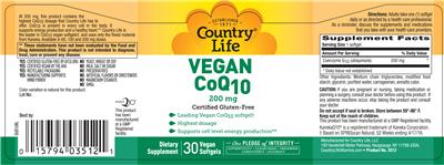 Photo of the Country Life Vegan CoQ10 200 mg label