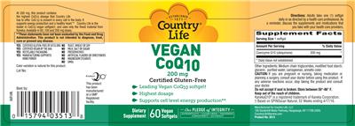 Photo of the Country Life Vegan CoQ10 200 mg label