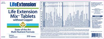 Life Extension Mix Tablets Without Copper のラベル画像（NIH DSLD）