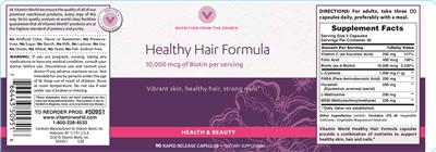 Photo of the Vitamin World Healthy Hair Formula label