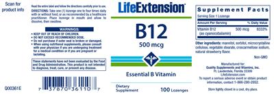 Photo of the Life Extension B12 500 mcg label