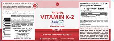 Photo of the Vitamin World Natural Vitamin K-2 Bioactive Form label