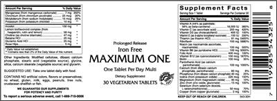 Photo of the VitaCeutical Labs Iron Free Maximum One label