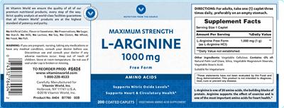 Photo of the Vitamin World Maximum Strength L-Arginine 1000 mg Free Form label