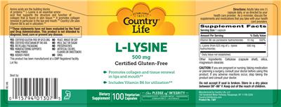 Photo of the Country Life L-Lysine 500 mg label