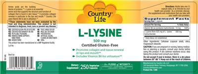 Photo of the Country Life L-Lysine 500 mg label