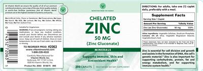 Photo of the Vitamin World Chelated Zinc 50 mg label