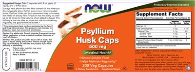 Photo of the NOW Psyllium Husk Caps 500 mg label