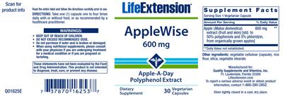 Photo of the Life Extension AppleWise 600 mg label