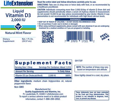 Photo of the Life Extension Liquid Vitamin D3 2,000 IU Natural Mint Flavor label