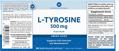 Photo of the Vitamin World L-Tyrosine 500 mg label