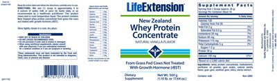 Photo of the Life Extension New Zealand Whey Protein Concentrate Natural Vanilla Flavor label
