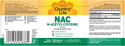Photo of the Country Life NAC N-Acetyl Cysteine 750 mg label