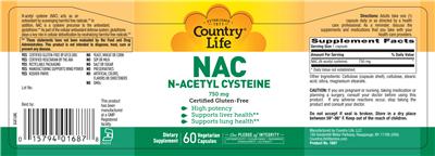 Photo of the Country Life NAC N-Acetyl Cysteine 750 mg label