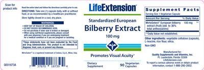 Photo of the Life Extension Standardized European Bilberry Extract 100 mg label