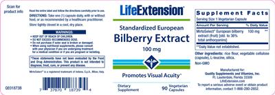 Photo of the Life Extension Standardized European Bilberry Extract 100 mg label