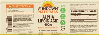 Photo of the Sundown Naturals Alpha Lipoic Acid 600 mg label