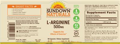 Photo of the Sundown Naturals L-Arginine 500 mg label