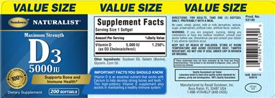 Photo of the Sundown Naturalist Maximum Strength D3 5000 IU label