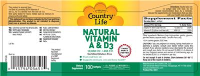 Photo of the Country Life Natural Vitamin A & D3 10,000 IU / 400 IU label