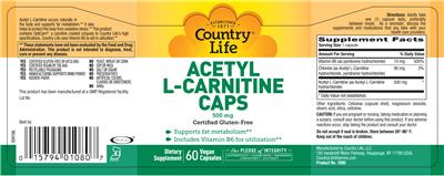 Photo of the Country Life Acetyl L-Carnitine Caps 500 mg label