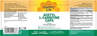 Photo of the Country Life Acetyl L-Carnitine Caps 500 mg label