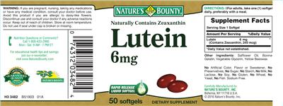 Photo of the Nature's Bounty Lutein 6 mg label