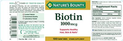 Photo of the Nature's Bounty Biotin 1000 mcg label