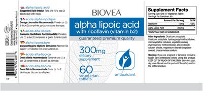Photo of the BIOVEA Alpha Lipoic Acid 300 mg with Riboflavin (Vitamin B2) label