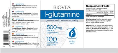 Photo of the BIOVEA L-Glutamine 500 mg label