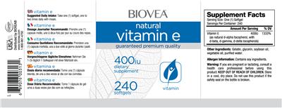 Photo of the BIOVEA Natural Vitamin E 400 IU label