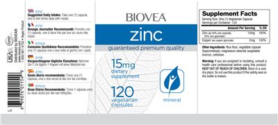 Photo of the BIOVEA Zinc 15 mg label