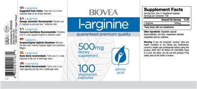 Photo of the BIOVEA L-Arginine 500 mg label