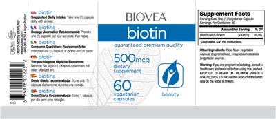 Photo of the BIOVEA Biotin 500 mcg label