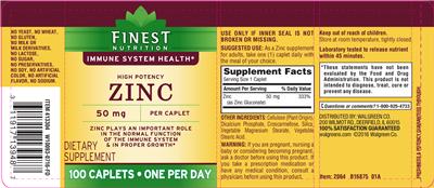 Photo of the Finest Nutrition High Potency Zinc 50 mg label