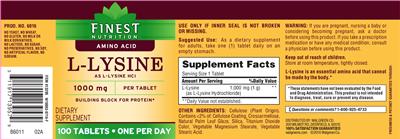Photo of the Finest Nutrition L-Lysine 1000 mg label