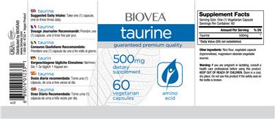 Photo of the BIOVEA Taurine 500 mg label
