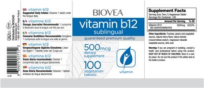 Photo of the BIOVEA Vitamin B12 Sublingual 500 mcg Cherry Flavor label