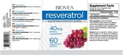 Photo of the BIOVEA Resveratrol 40 mg label