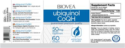 Photo of the BIOVEA Ubiquinol CoQH 50 mg label