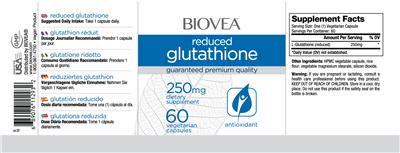 Photo of the BIOVEA Reduced Glutathione 250 mg label